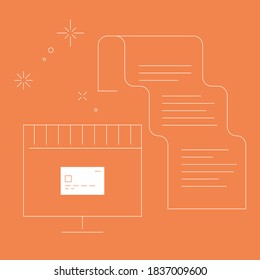 Line vector illustration of computer and receipt.