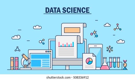 Line vector illustration concept of data research, technology, data analysis and science