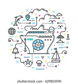 Line vector illustration of cruise ship. Concept of voyage vacation, traveling different destinations by sea