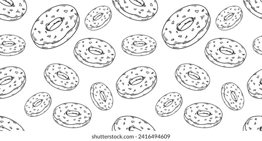 Line vector illustration donuts pattern seamless, fextile, fabric, wrapping paper, wallpaper, cafe
