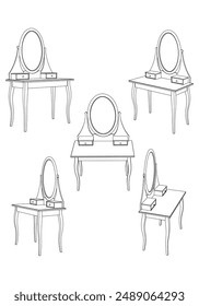 Line Vector Illustration of Dressing Table Isolated on White Background. Detailed Design Perfect for Interior Design and Furniture Concepts