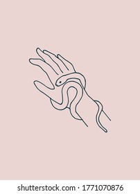 
line vector illustration. Female hand with a snake isolated on a pink background. a symbol of magic, esotericism, mysticism, witchcraft. logo of cosmetics, medicines with snake venom