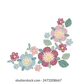 line vector illustration of flowers bouquet of crochet flowers and leaves in red blue and green colors with white background