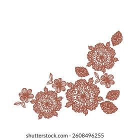 line vector illustration of flowers crochet flowers and leaves brown color with white background