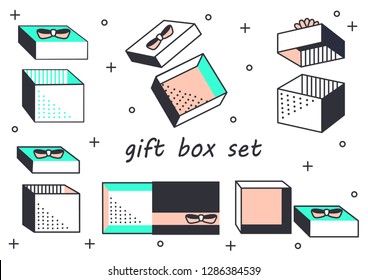 Line vector illustration of gift boxes from different angles isolated on a white background. A set of linedrawings.