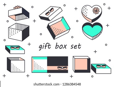 Line vector illustration of gift boxes from different angles isolated on a white background. A set of linedrawings.
