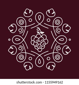 Line vector illustration of grape with decorative circle frame