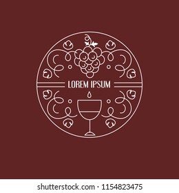 Line vector illustration of  grape with vine inside circle.  Modern style art. For banners, logo, posters, menu, wine list