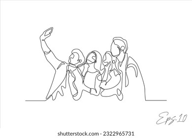 ilustración vectorial de línea de un grupo de personas tomando un selfie