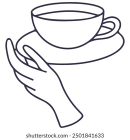 Line vector illustration of hand holding coffee cup with saucer. Wrist keep the plate. Vector icon isolated on white background.