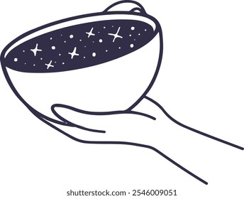 Vetor de linha ilustração de mão segurando copo branco com céu noturno estrelado. A palma da mão suporta a parte inferior de baixo. Ícone desenho à mão