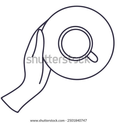 Line vector illustration of hand holding cup. The fingers are keeping the handle. View from above. Vector icon isolated on pink background.