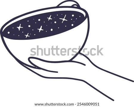 Line vector illustration of hand holding white cup with starry night sky. The palm supports bottom from below. Hand drawn icon