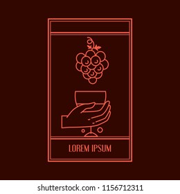 Line vector illustration of hand with wineglass and grape over.  Modern style art. For banners, posters, menu, wine list