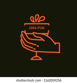 Line vector illustration of  hand and wineglass with text. Winery icon