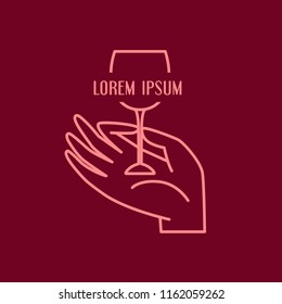 Line vector illustration of hand and wineglass with text. Winery icon svg