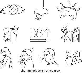 Line Vector Illustration Icon Of The Symptoms Of Flu. Influenza, Disease Such As Sore Eyes, Runny Nose, Headache, Body Ache, Muscle Pain, Fever, Tired, Weak, Sleepy, Chills, Cough, Sneeze, Sore Throat.