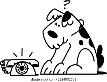 Line vector illustration. A large fluffy black and white dog with spots sit near the phone that is ringing.