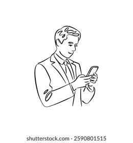 Line vector illustration of man holding mobile phone pose. Line vector illustration of handsome and attractive man in suit. Business man, rich model character.