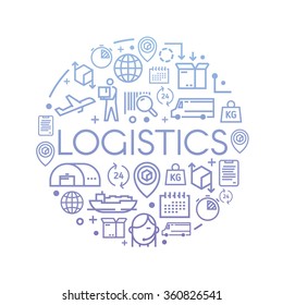 Line vector illustration on the theme of Logistics, Warehouse, Freight, Cargo Transportation. Storage of goods, Insurance. Modern flat design.