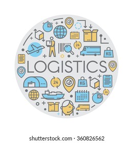 Line vector illustration on the theme of Logistics, Warehouse, Freight, Cargo Transportation. Storage of goods, Insurance. Modern flat design.