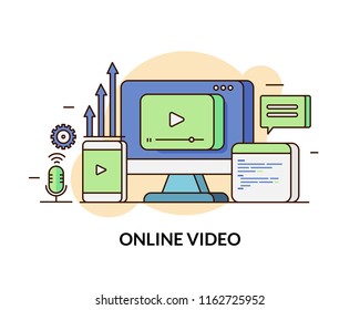 Line vector illustration of Online video, video player on computer screen, video content marketing on white background
