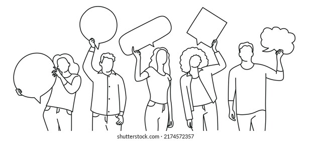 Line vector illustration of people holding signs, banner and placards on a protest demonstration or picket.