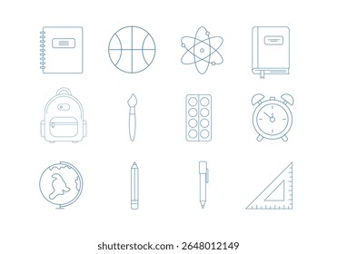 Line vector illustration of school supplies and education icons: backpack, globe, notepad, clock, ruler, brush, ball and more. Minimalist blue outline style isolated.