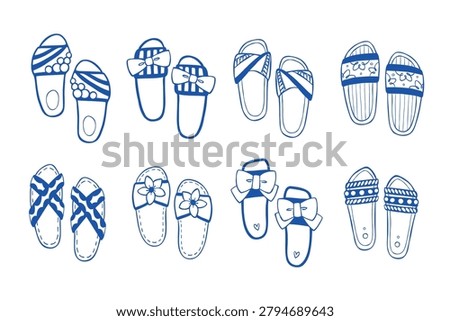 Line vector illustration set with variety of beach flip flops. Hand-drawn clip art collection of summer open toe shoes with different decorations. Outline drawing of sandals in blue color.