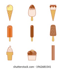 Ilustración vectorial de línea de conjunto de diferentes tipos de helados, incluyendo yogur congelado, gelato, servir suave, conos de gofre, paletas y otros. Aislado sobre fondo blanco.
