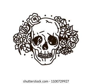 Line Vector Illustration of skull with flowers 