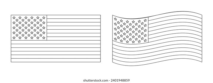 Line Vector illustration of the United States flag, flat and wavy, for drawing or coloring