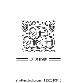 Line vector illustration of wine barrels with vines. Modern style icon