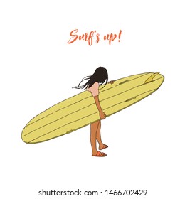 Line vector illustration - young girl holding surfboard on the beach. Woman walking with surf. Silhouette of the woman