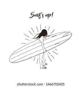 Line vector illustration - young girl holding surfboard on the beach. Woman walking with surf. Silhouette of the woman