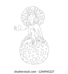 Line Vector Illustration of Young redhead Girl with Headphones, sitting on cartoon moon and listening music. Pencil drawing Teenage young musical girl, rebel girl illustration. Young teen girl