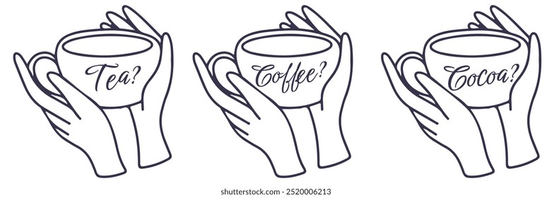 Line vector illustrations of hands holding white tea cup with drink names. Set of icons isolated on white