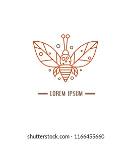 Line vector image of bee with text. Logo template. Beekeeping theme