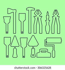 line vector industrial builder carpenter engineer worker plumber instruments supplies kit items icons occupation 