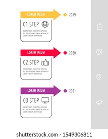 Line vector infographic flat template. Rectangles with arrows for three diagrams, graph, flowchart, timeline, marketing, presentation. Business concept with 3 labels