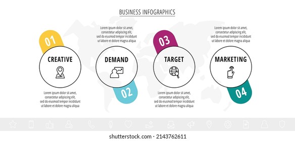 Line vector infographics with four circles. Modern concept 4 icons with labels step by step for the app, business, website, interface, chart, levels, web, diagram, banner, presentations