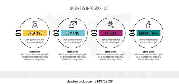 infografía vectorial de línea con cuatro círculos e iconos. Plantilla con 4 pasos para diagrama, web, banner, presentaciones, diagrama de flujo, contenido, niveles, gráfico, gráfico