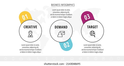 Line vector infographics with three circles. Modern concept 3 icons with labels step by step for the app, business, website, interface, chart, levels, web, diagram, banner, presentations