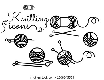Line vector knitting logo icon set. Simple outline needlework clipart collection with ball of yarn and knitting needles. Vector stock image for hand made branding identity, business cards, web sites.