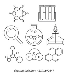 line vector laboratory set of elements around a round bottom flask