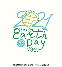 Line vector logo. 2021. Happy Earth Day. April 22. Painted green planet handwritten template.
