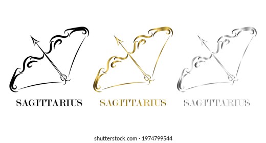 Line vector logo of bow and arrow It is sign of Sagittarius zodiac three are three color black gold silver