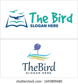 Line vector logo design with icon bird book swash describe wind suitable for library child learning development learning park kindergarten education animal story kids paper cover