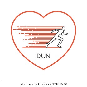 Line vector logo for run. Open path. Outline figure runner. Stylish symbol for running on white background.