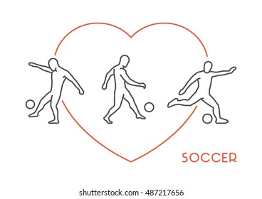 Line vector logo for soccer. Open path. Outline figure soccer player.